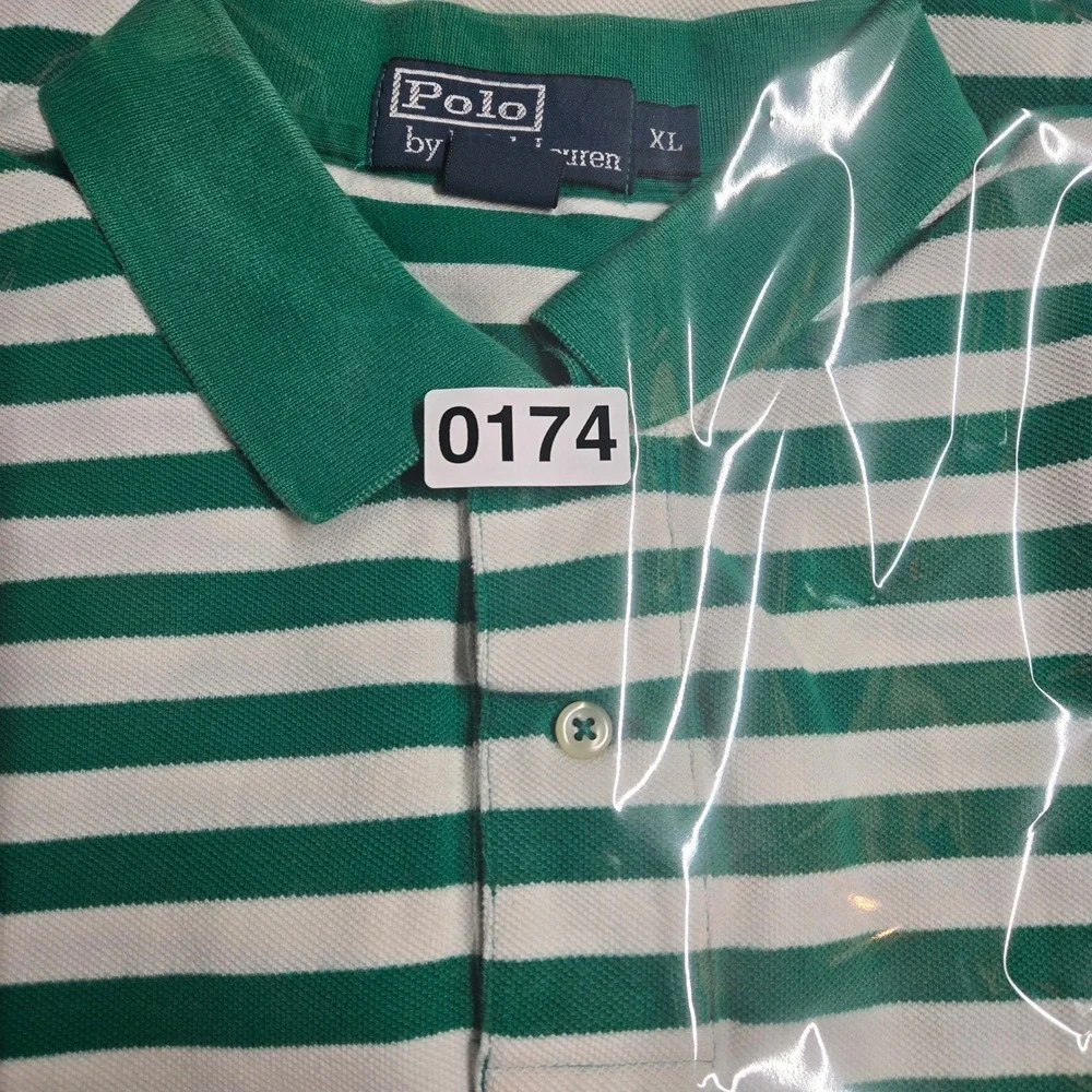 Polo Ralph Lauren Mens XL Green White Striped Short Sleeve Cotton Polo Shirt‎